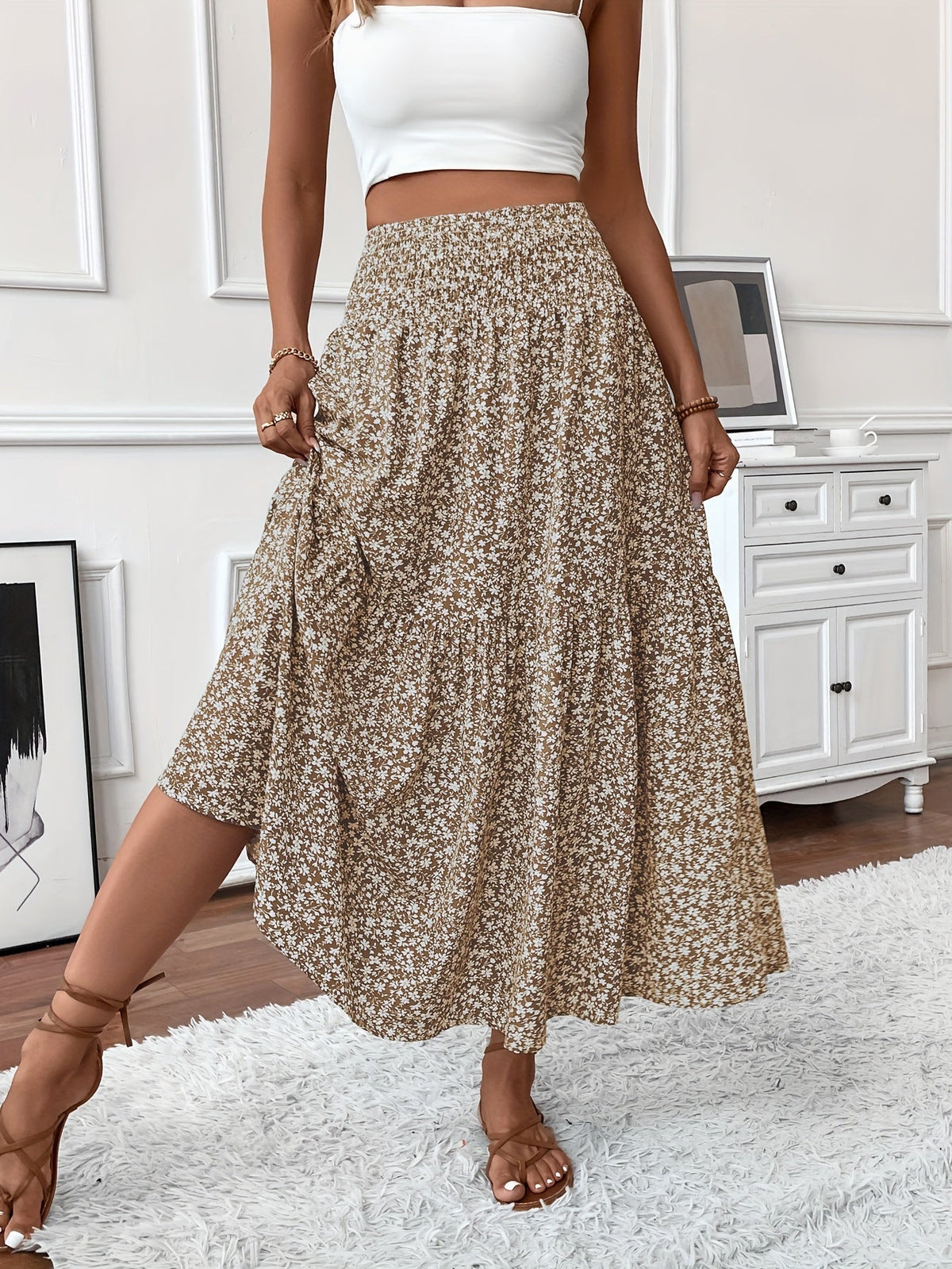 Elena Ditsy Floral Skirt - Women's in khaki