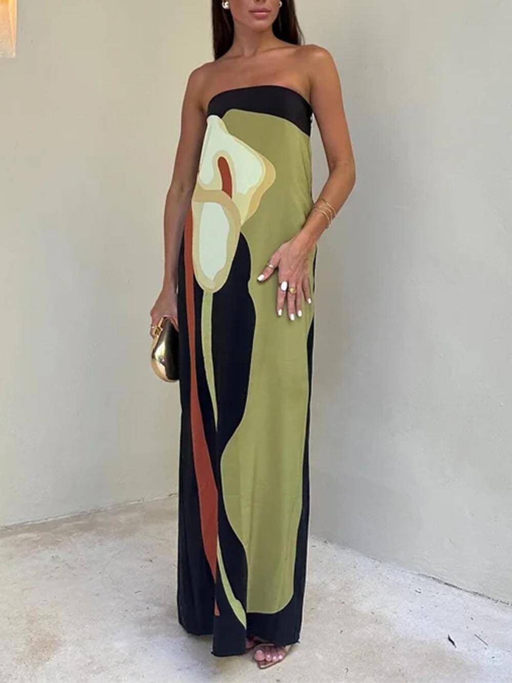 Sleeveless Off-Shoulder Printed Maxi Dress - Women's in green