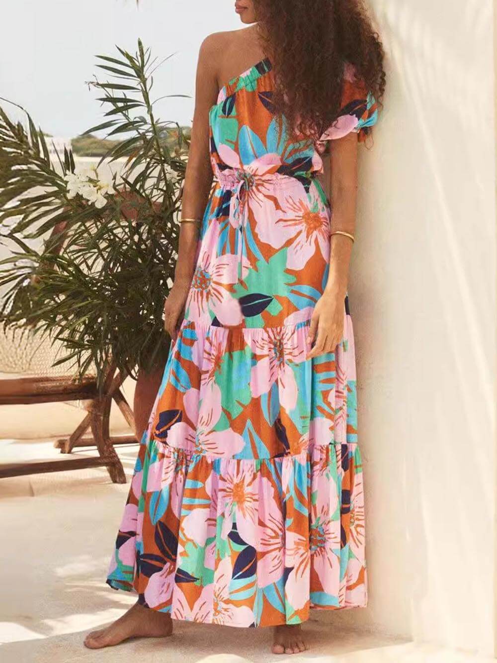 Off-Shoulder Palm Floral Dress - Women's in pink