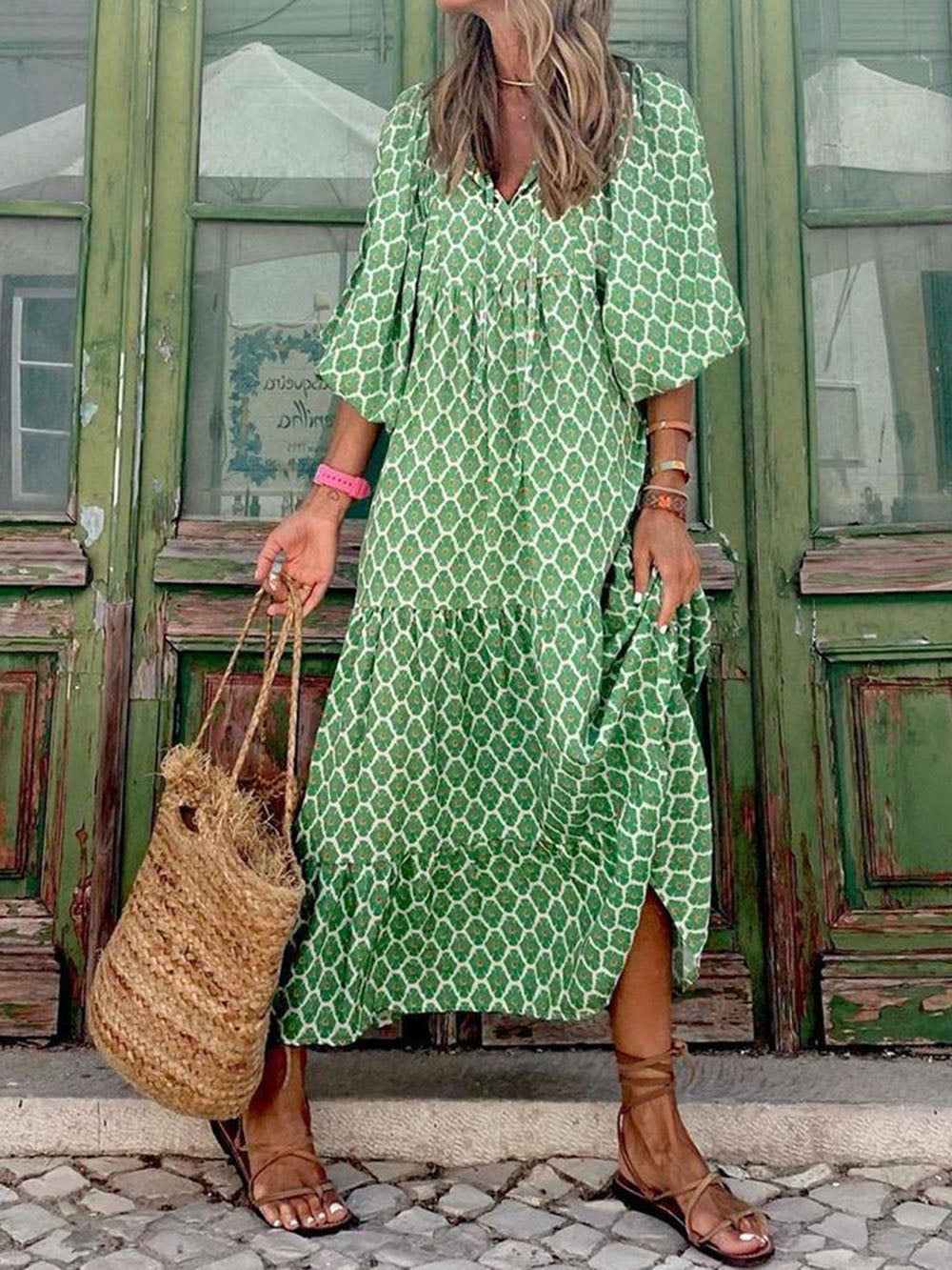 Printed Maxi Dress - Women's - Light Green in light green