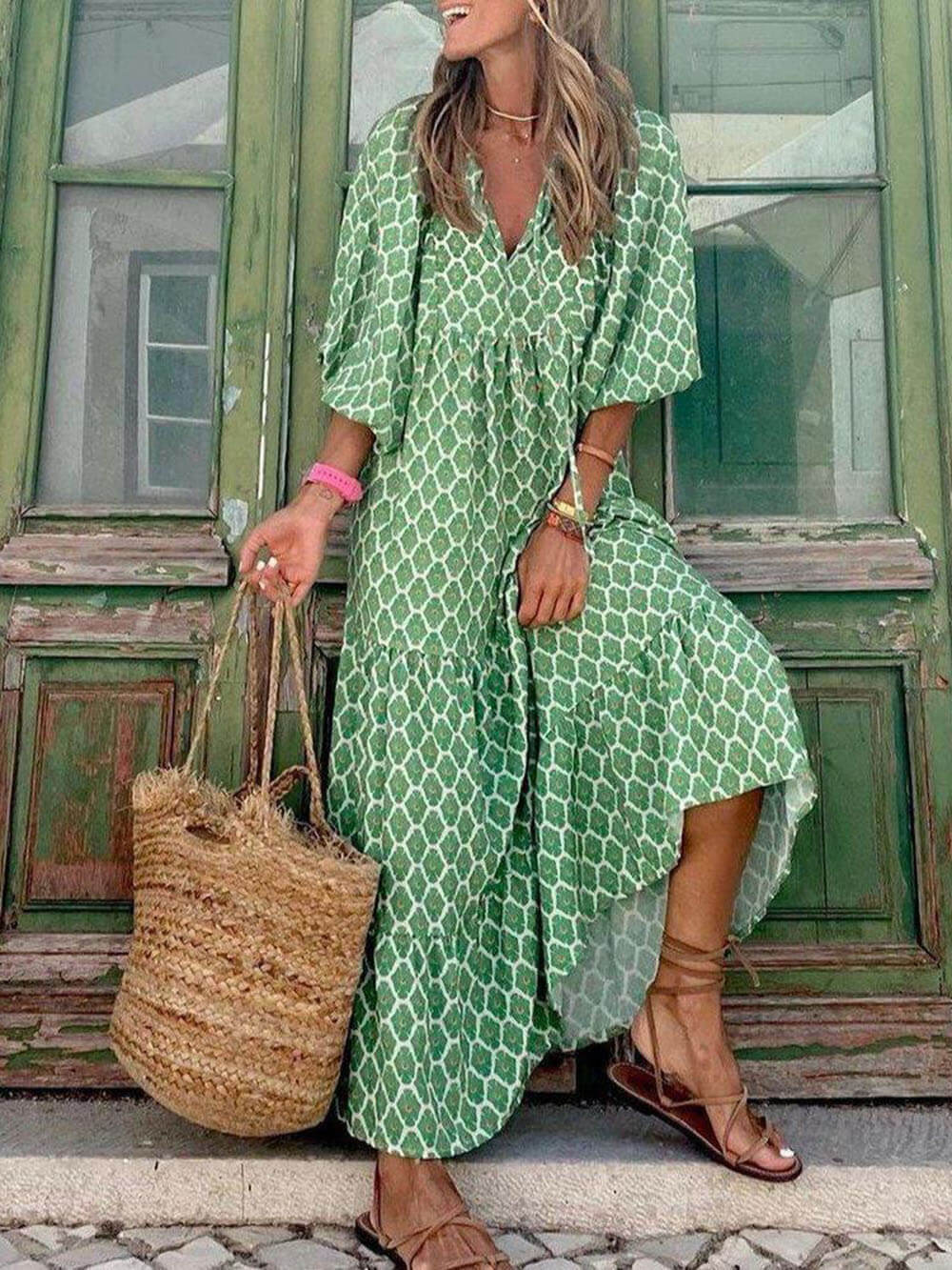 Printed Maxi Dress - Women's - Light Green in light green