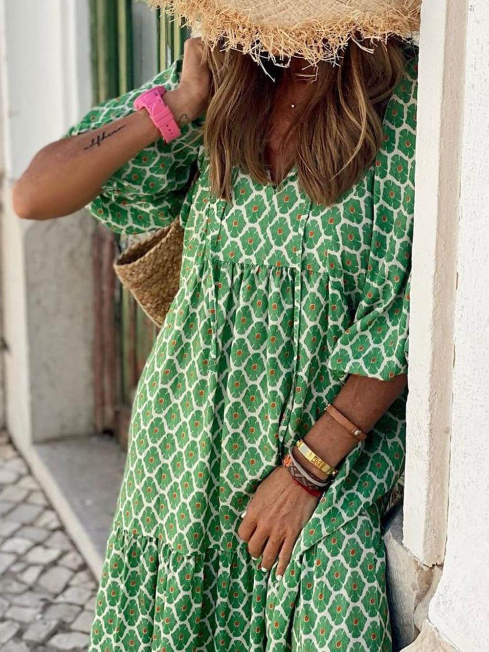 Printed Maxi Dress - Women's - Light Green in light green