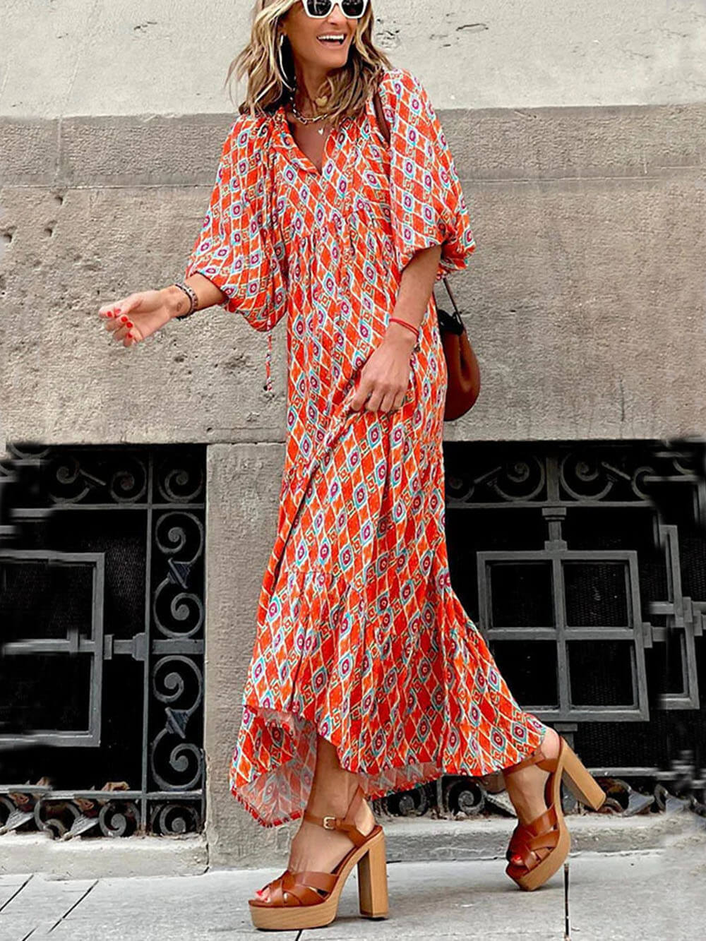 Printed Maxi Dress - Women's - Light Green in blue