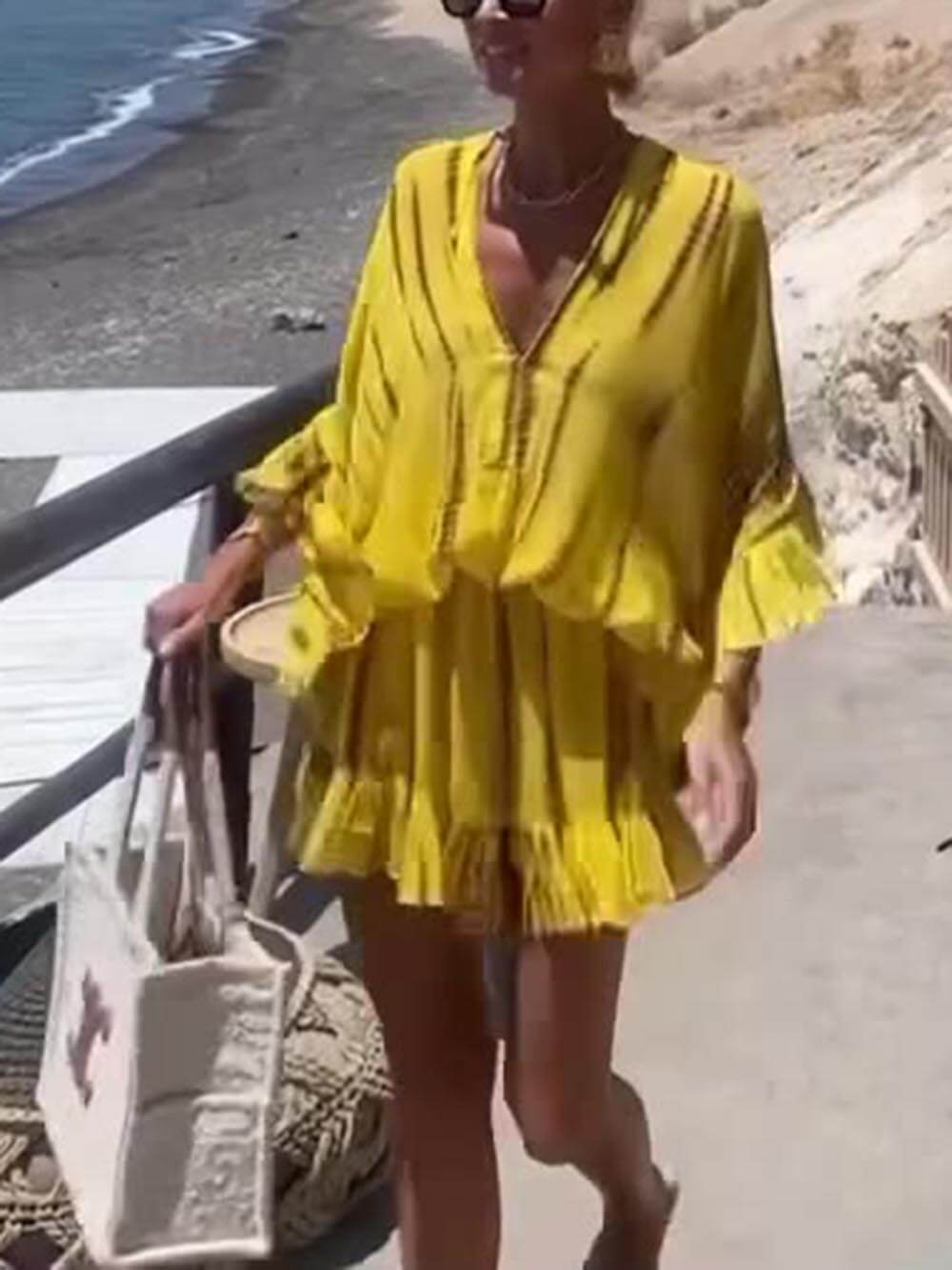 Unique Tie Mini Dress - Women's in yellow