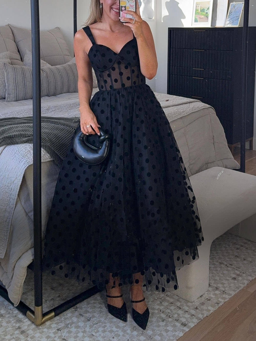 Exquisite Perfect Polka Dot A-Line Midi Dress - Women's in black