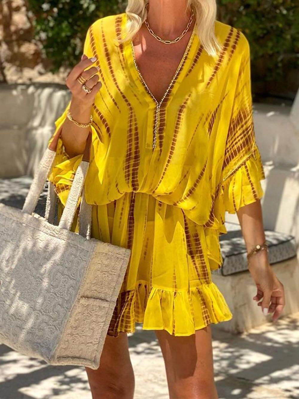 Unique Tie Mini Dress - Women's in yellow