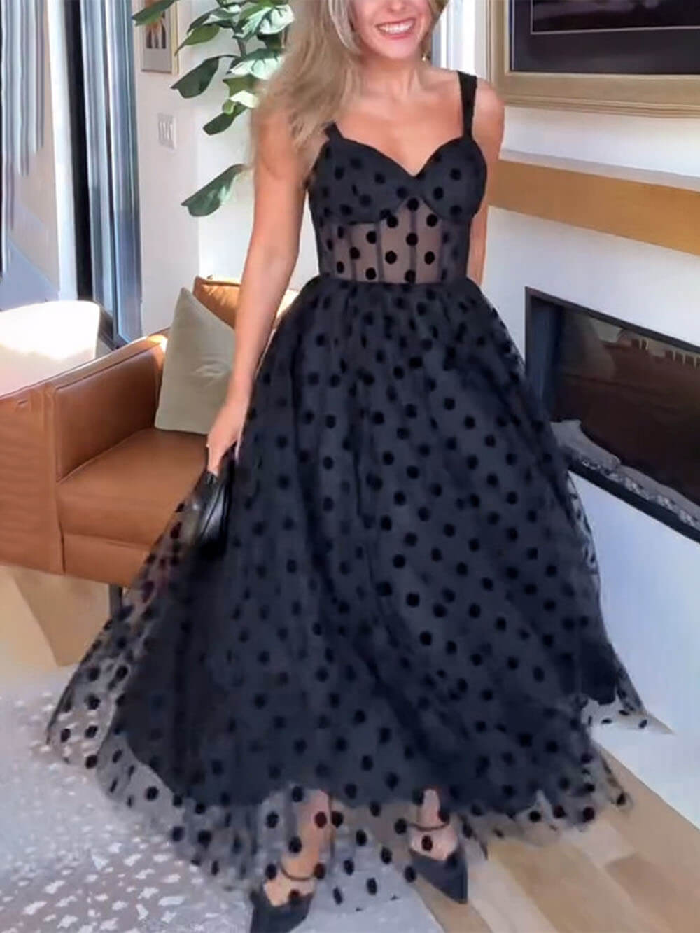 Exquisite Perfect Polka Dot A-Line Midi Dress - Women's in black