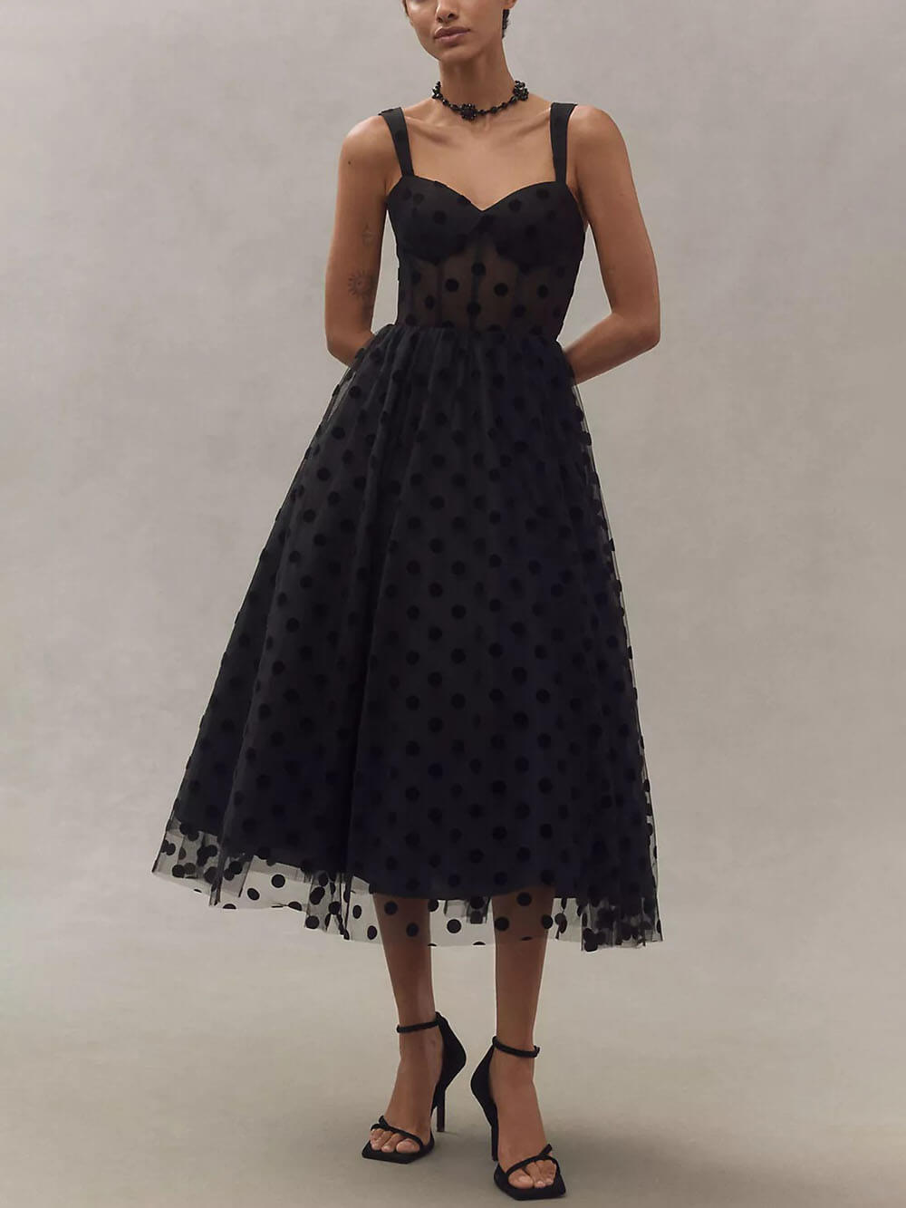 Exquisite Perfect Polka Dot A-Line Midi Dress - Women's in black