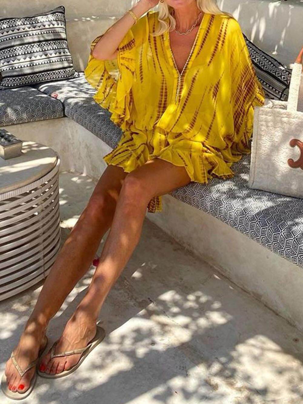 Unique Tie Mini Dress - Women's in yellow