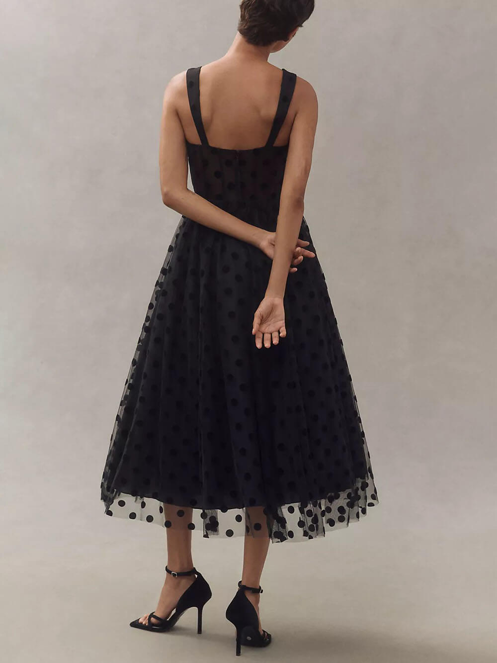 Exquisite Perfect Polka Dot A-Line Midi Dress - Women's in black