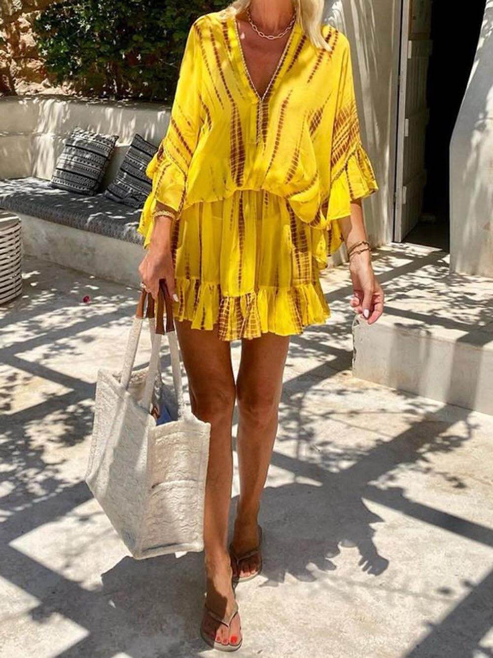 Unique Tie Mini Dress - Women's in yellow
