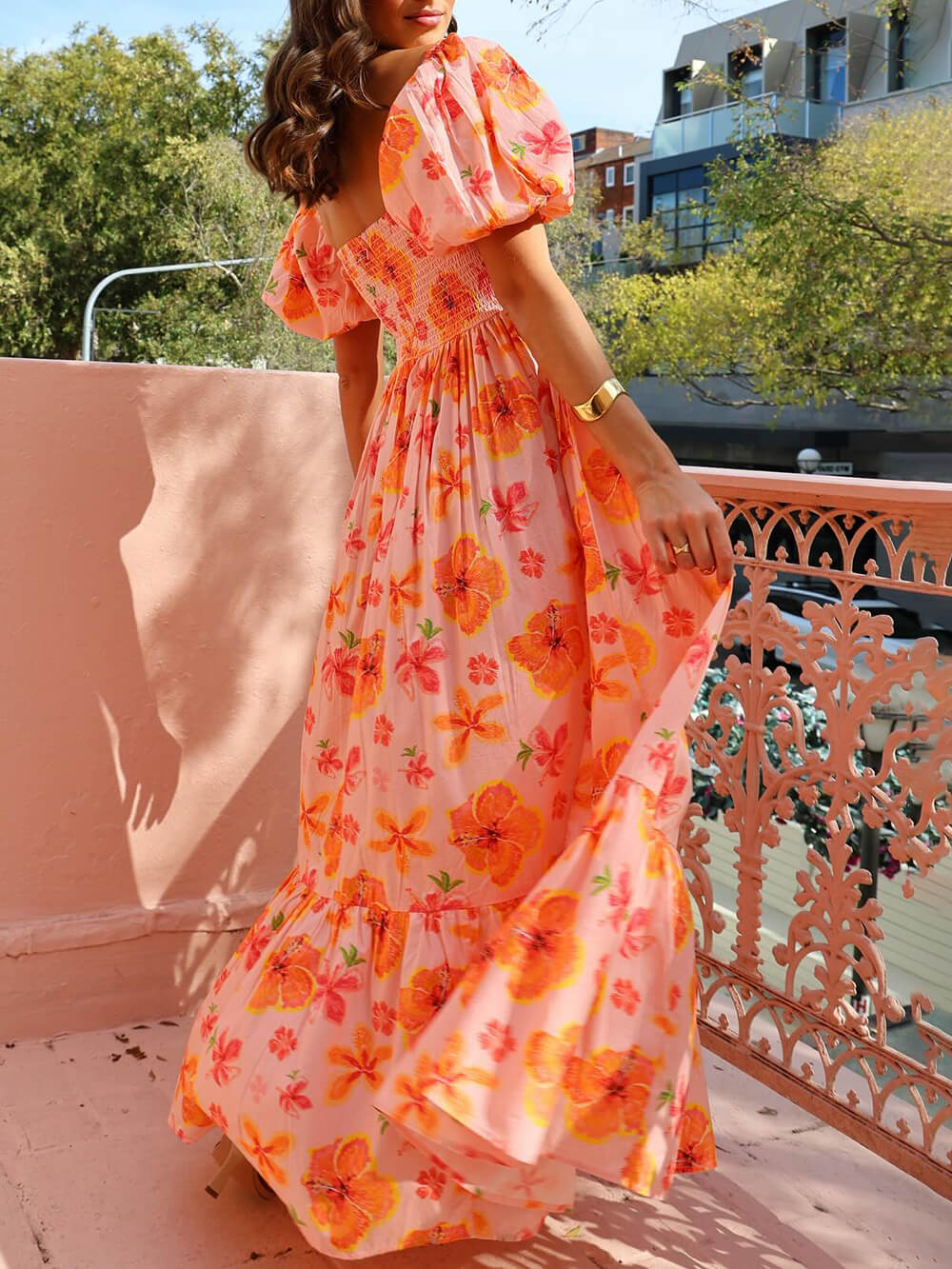 Floral Puff Sleeve Maxi Dress - Women's in orange
