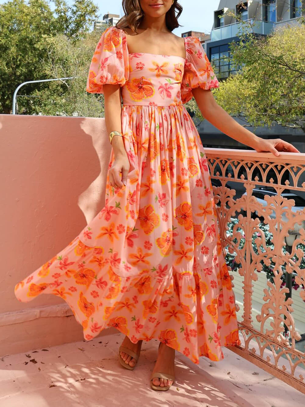 Floral Puff Sleeve Maxi Dress - Women's in orange