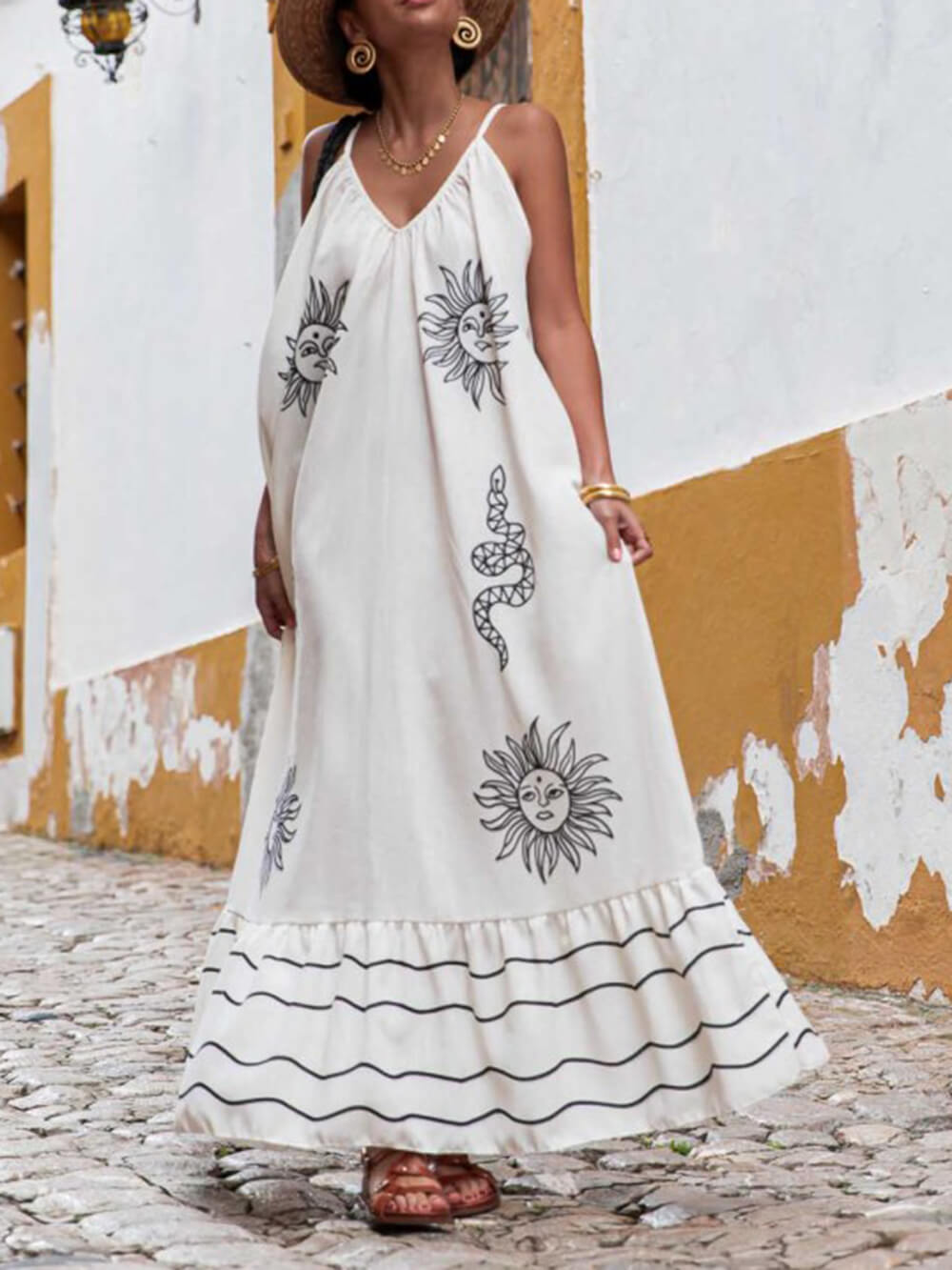 Unique Ethnic Printed V-Neck Sweater - Women's in white