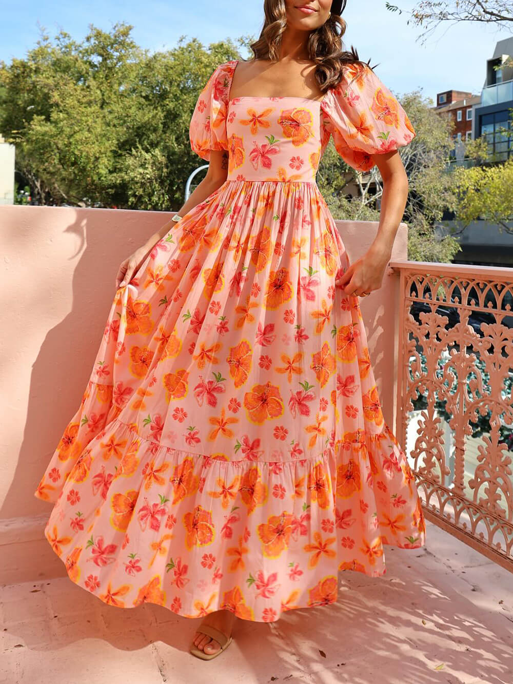 Floral Puff Sleeve Maxi Dress - Women's in orange