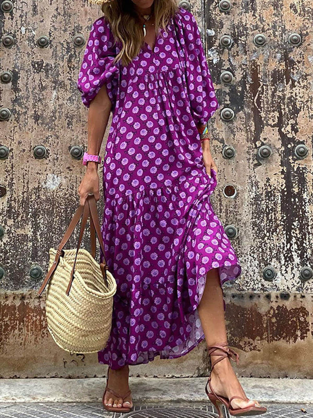Printed Maxi Dress - Women's - Light Green in blue