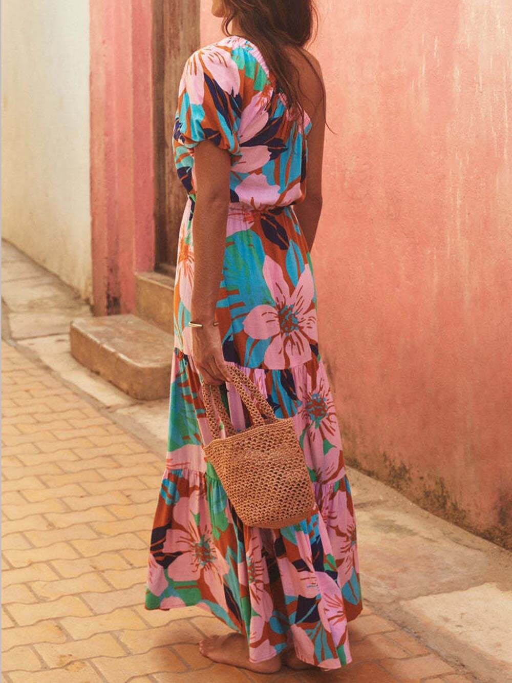 Off-Shoulder Palm Floral Dress - Women's in green
