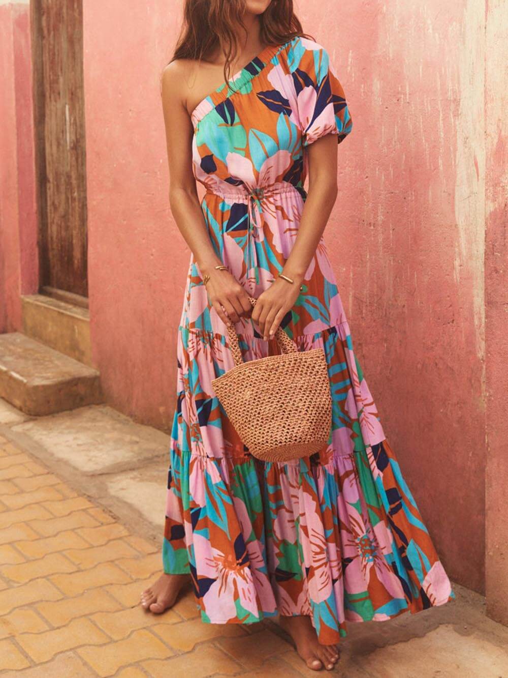 Off-Shoulder Palm Floral Dress - Women's in green