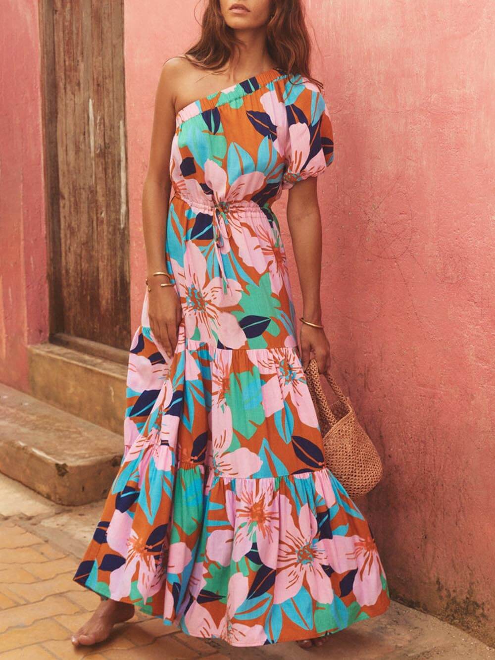 Off-Shoulder Palm Floral Dress - Women's in pink
