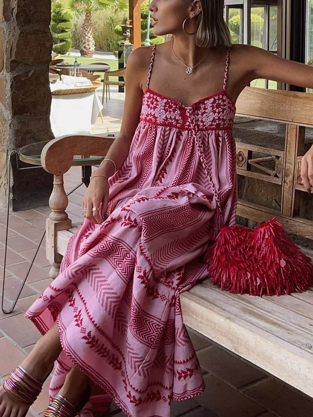 Long Crochet Slip Dress - Women's in pink