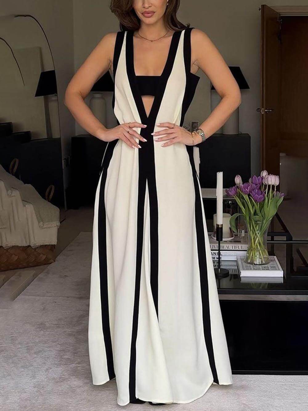 Colourblock Reversible A-Line Maxi Dress - Women's in beige
