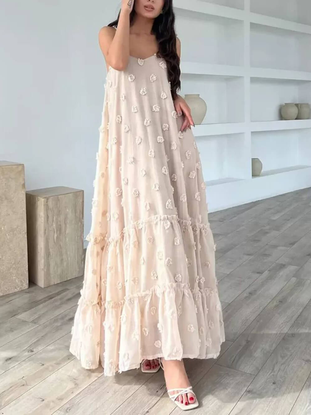 Polyester A-Line Maxi Dress - Women's in apricot