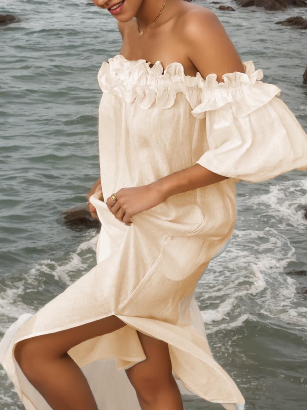 Ruffle Off-Shoulder Puff Sleeve Midi Dress - Women's in beige