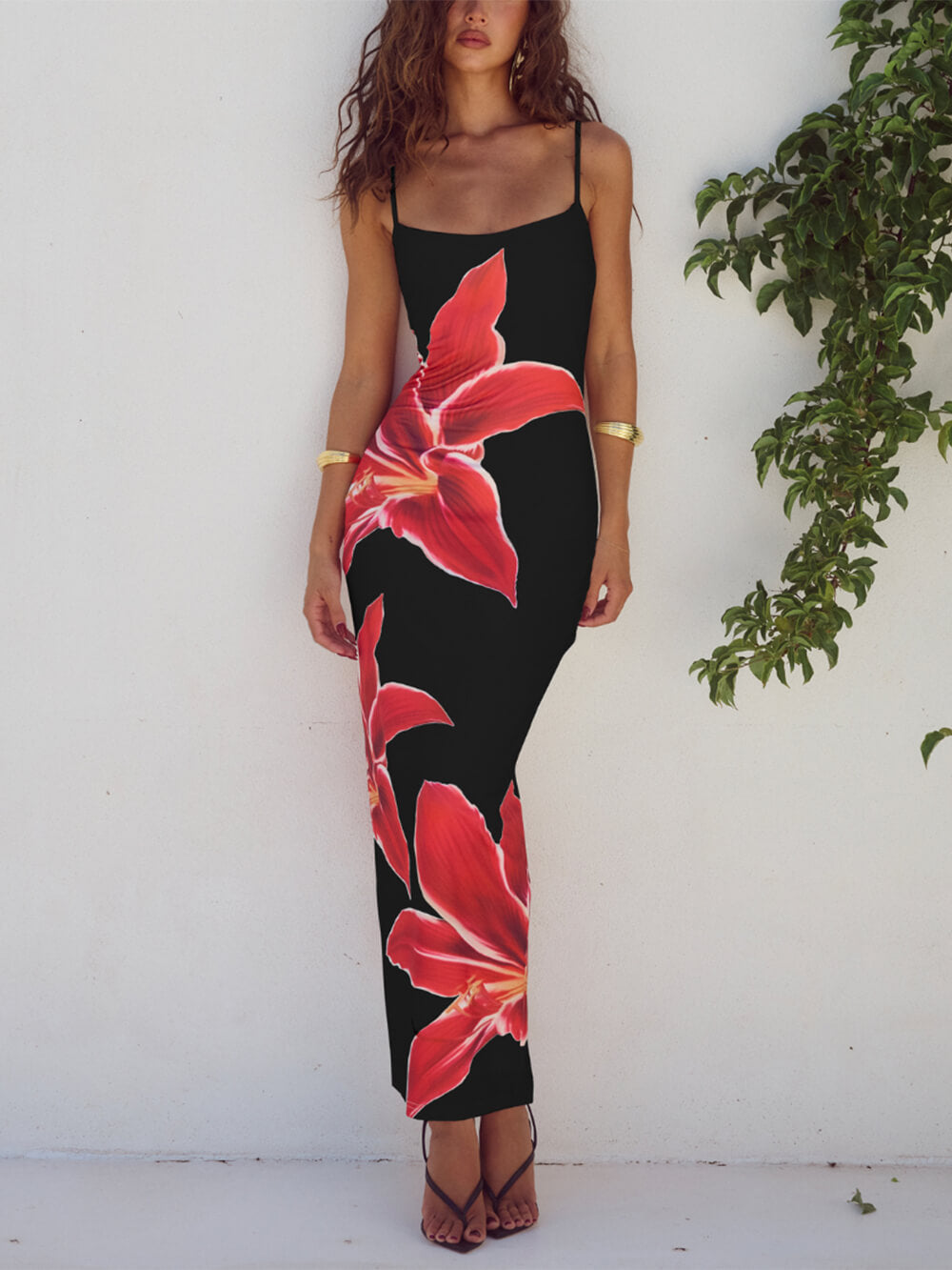 Polyester Floral Maxi Dress - Women's in black