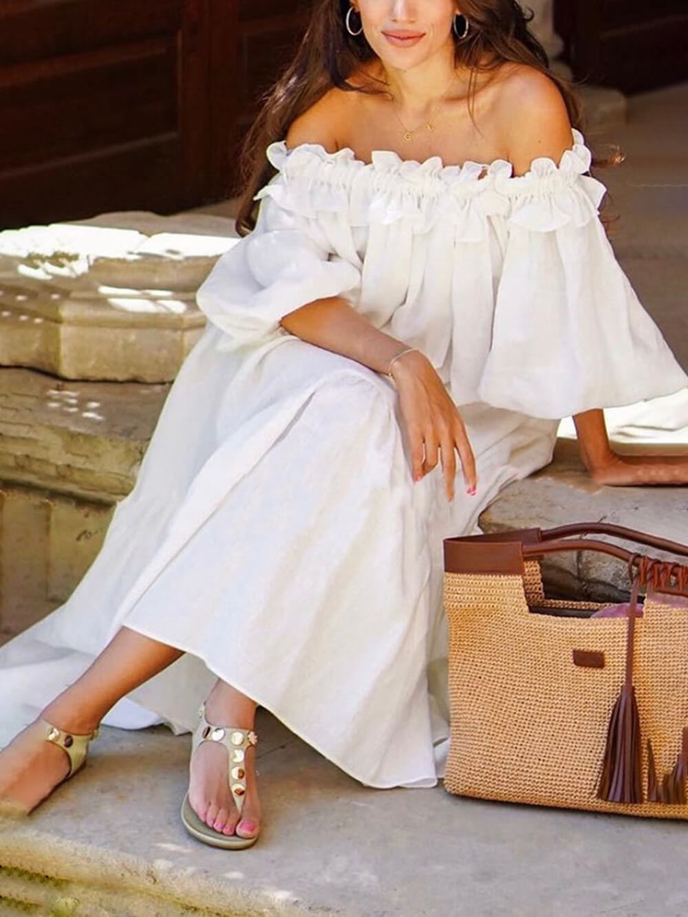 Ruffle Off-Shoulder Puff Sleeve Midi Dress - Women's in beige