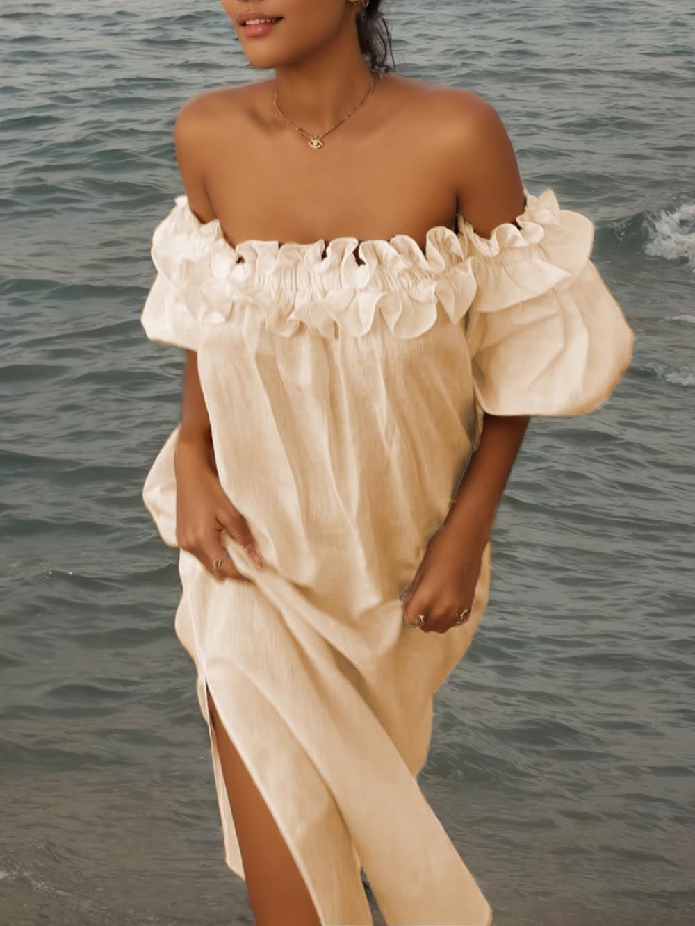 Ruffle Off-Shoulder Puff Sleeve Midi Dress - Women's in beige