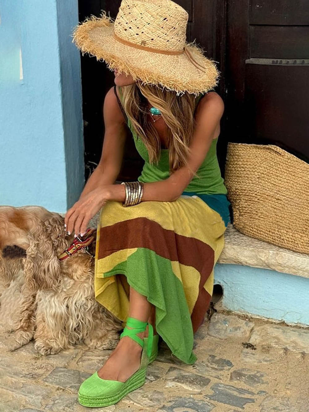 Unique Color Printed Open-Back Maxi Dress - Women's in green