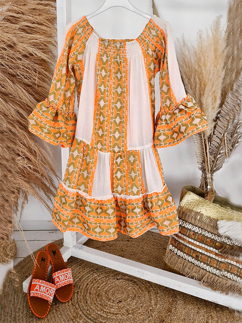 Ethnic Printed Off-Shoulder Linen Mini Dress - Women's in orange