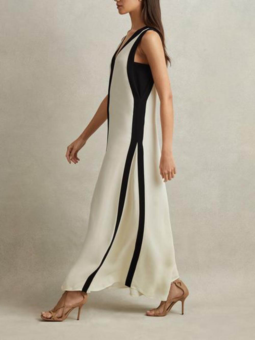 Colourblock Reversible A-Line Maxi Dress - Women's in beige