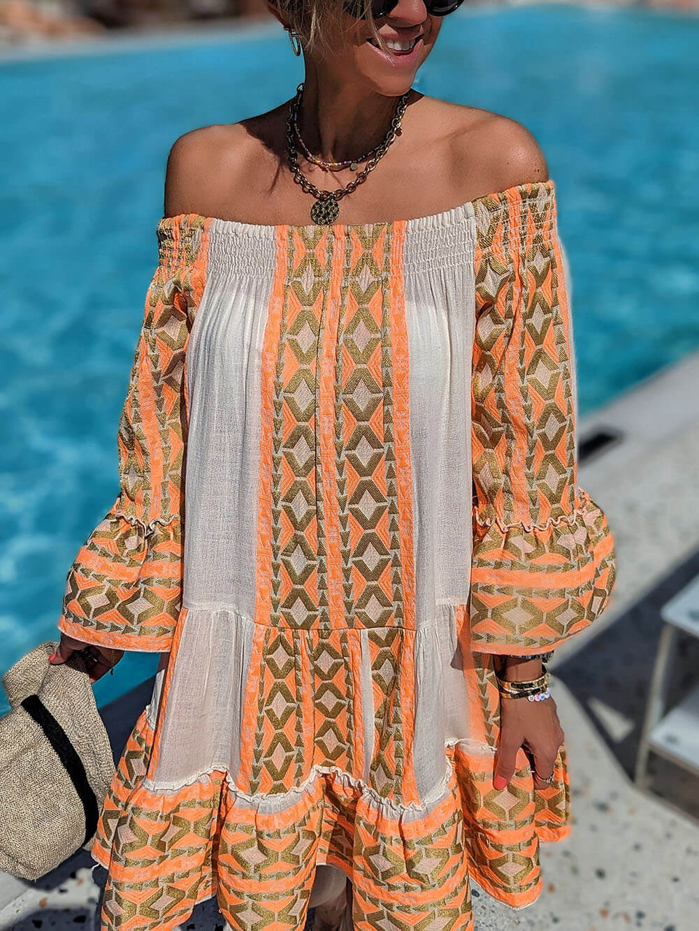 Ethnic Printed Off-Shoulder Linen Mini Dress - Women's in orange