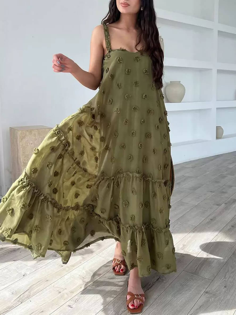 Polyester A-Line Maxi Dress - Women's in apricot