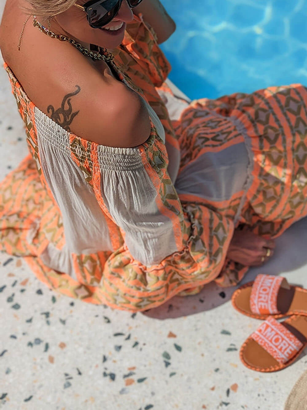 Ethnic Printed Off-Shoulder Linen Mini Dress - Women's in orange