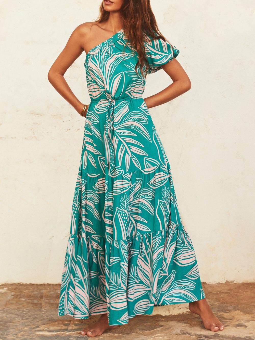 Off-Shoulder Palm Floral Dress - Women's in green