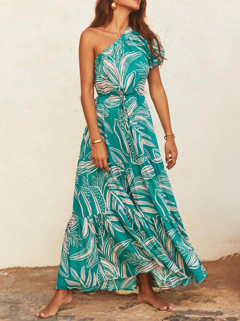 Off-Shoulder Palm Floral Dress - Women's in green