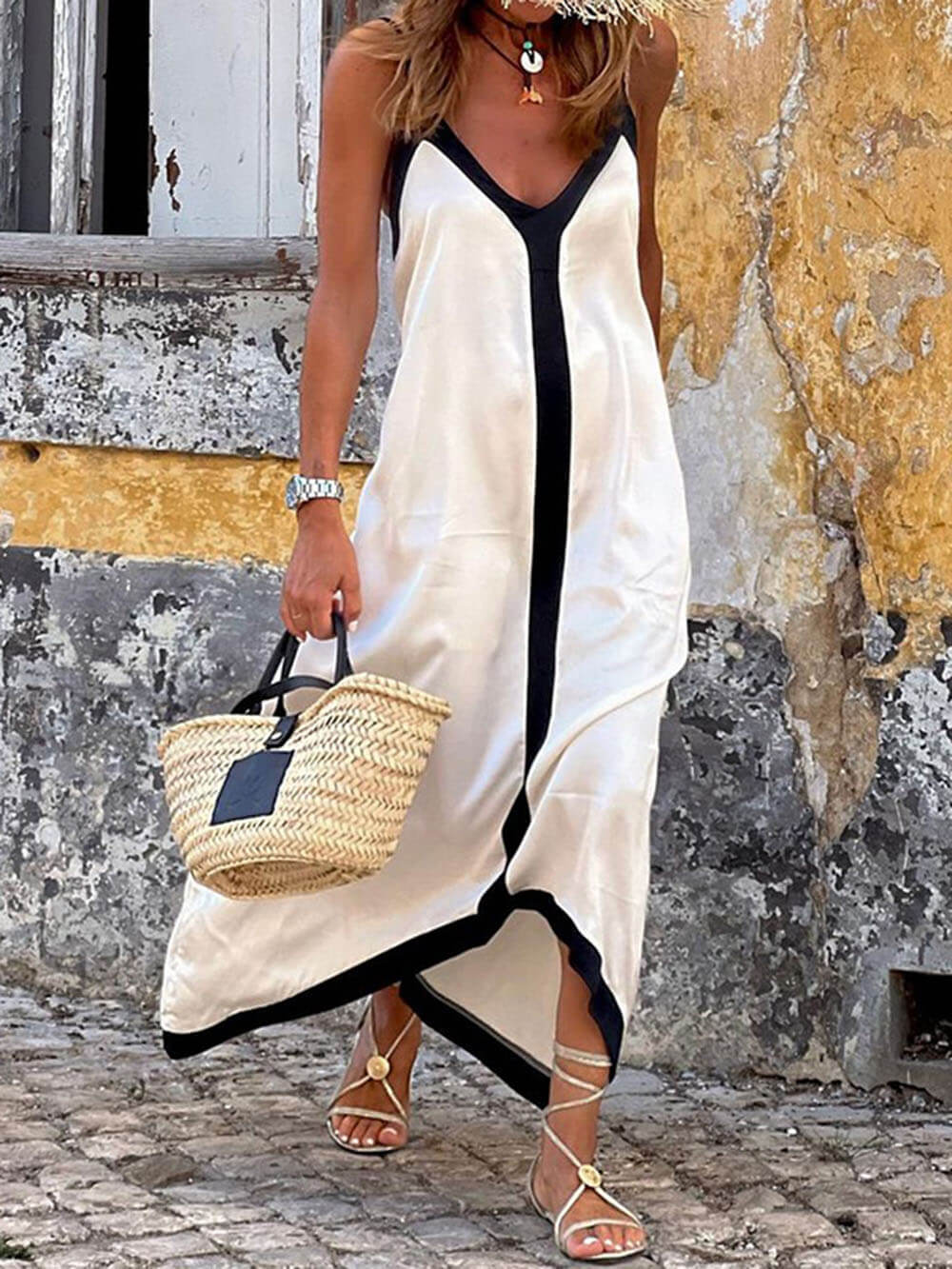 Suspender Colourblock Midi Dress - Women's in white