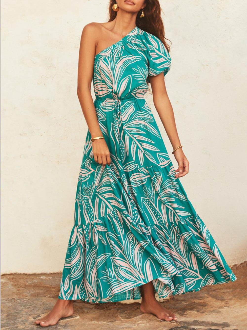 Off-Shoulder Palm Floral Dress - Women's in pink
