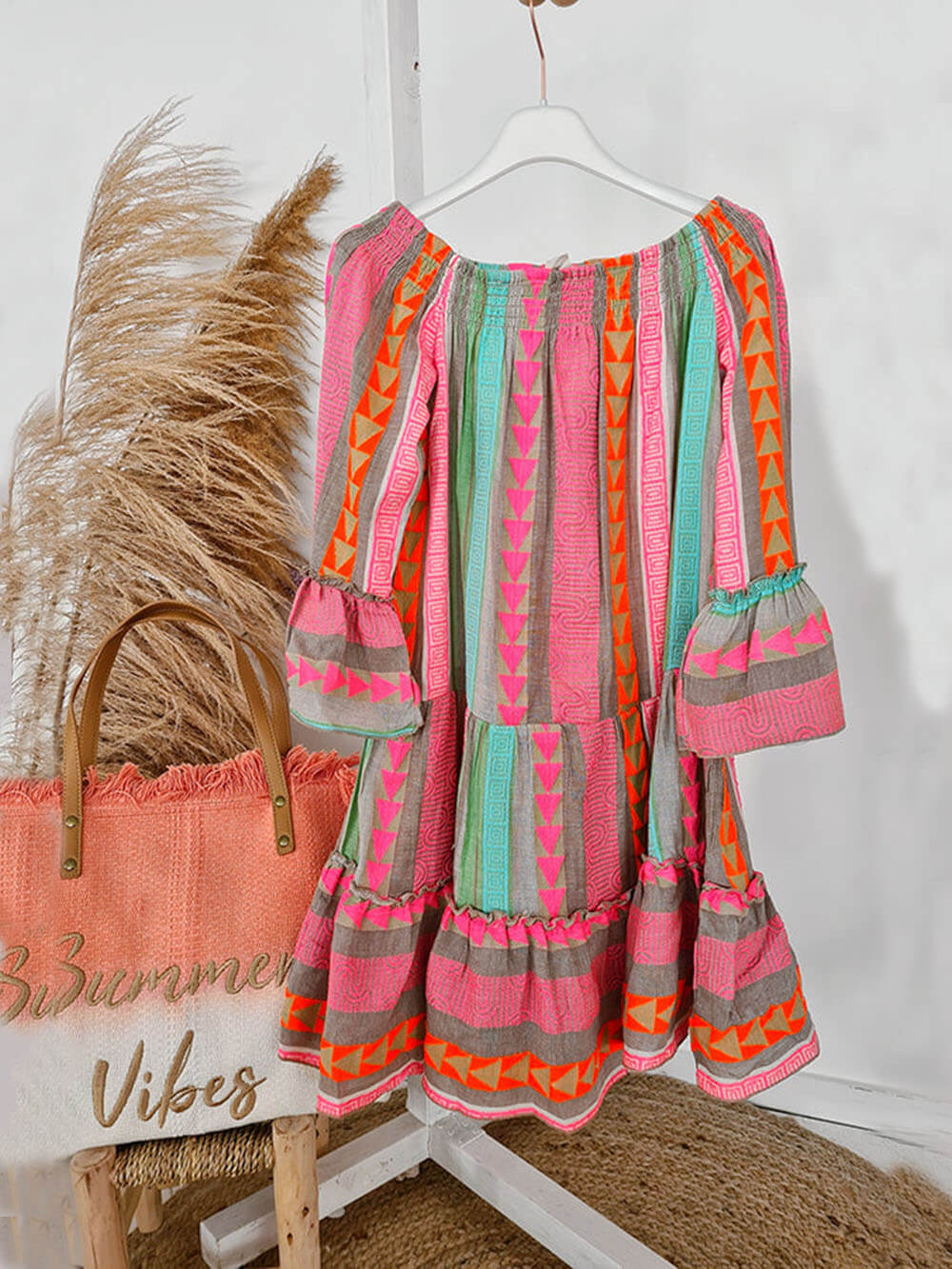 Ethnic Printed Off-Shoulder Linen Mini Dress - Women's in blue
