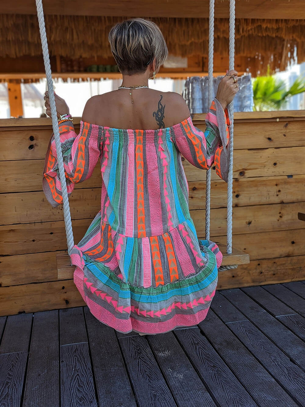 Ethnic Printed Off-Shoulder Linen Mini Dress - Women's in blue