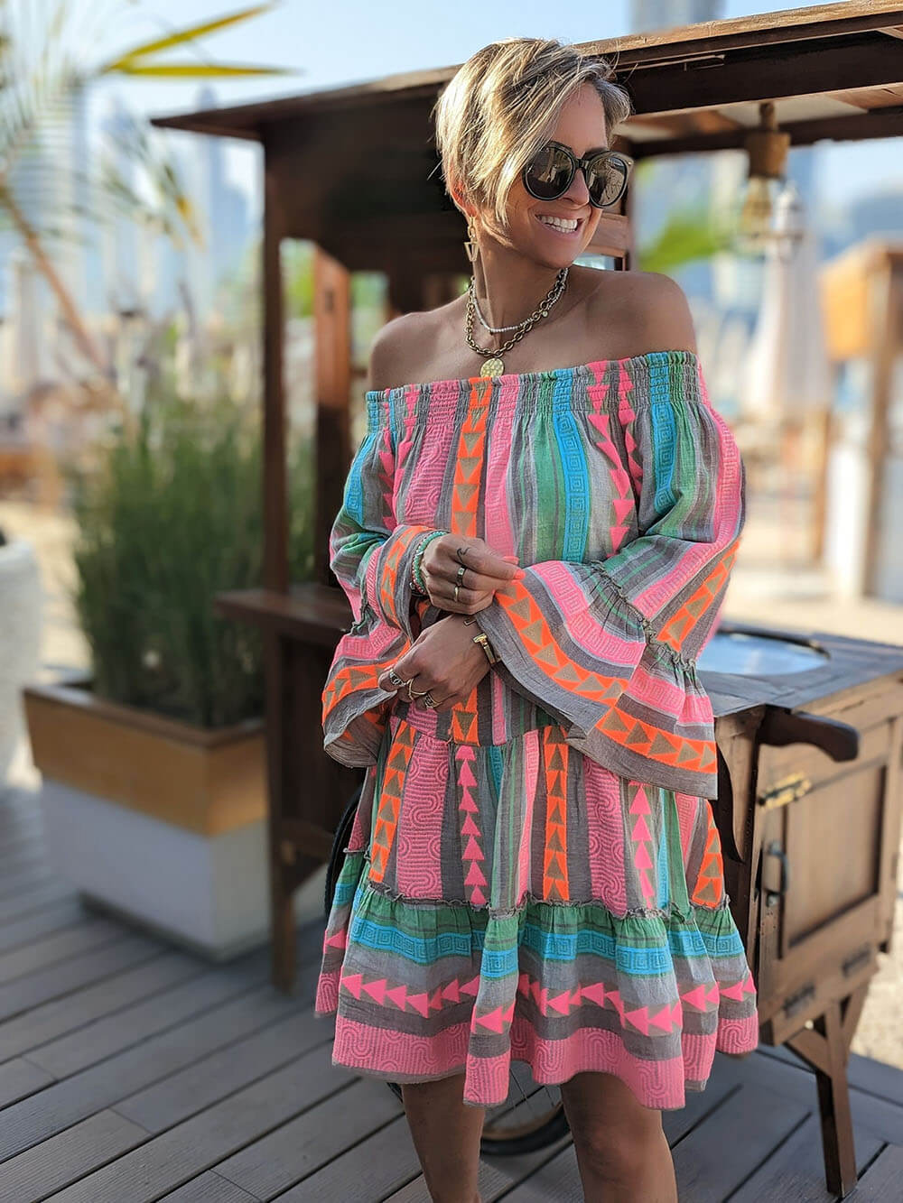Ethnic Printed Off-Shoulder Linen Mini Dress - Women's in blue