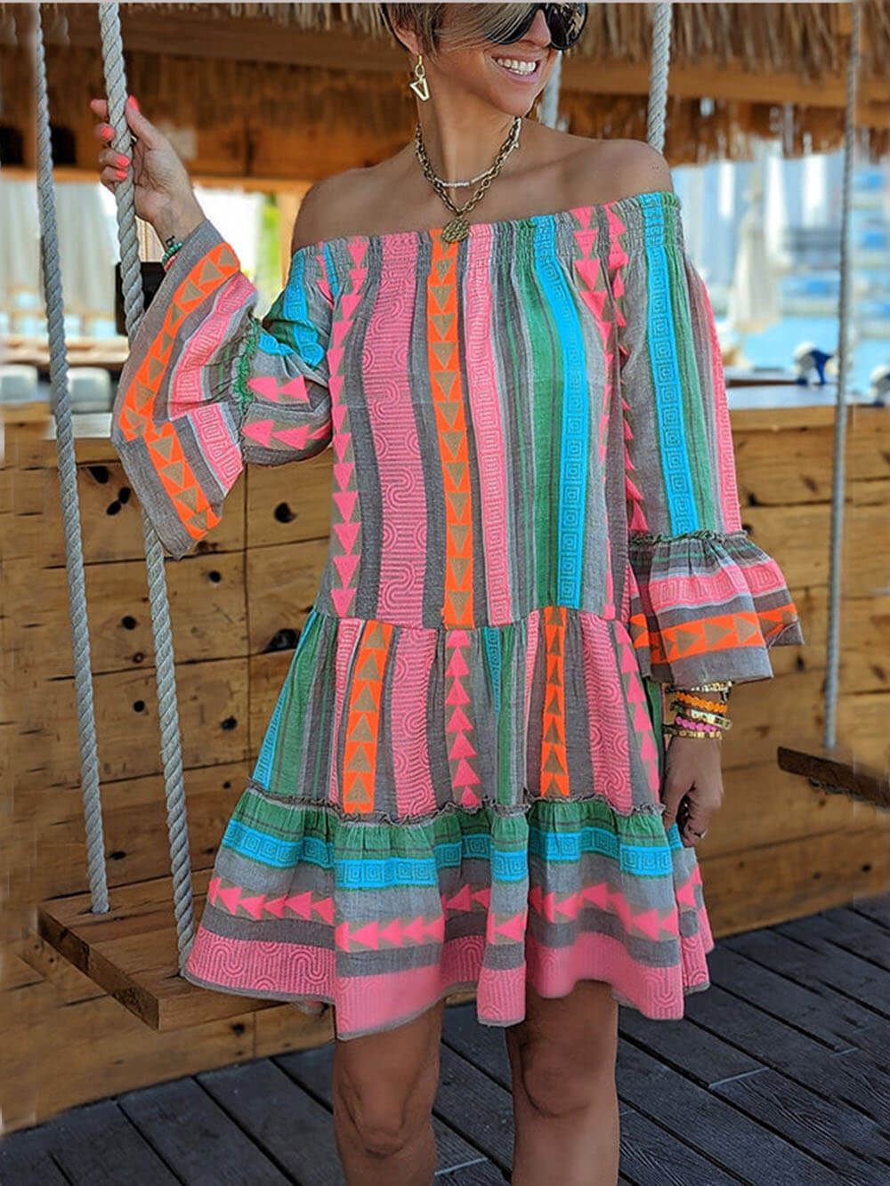 Ethnic Printed Off-Shoulder Linen Mini Dress - Women's in blue