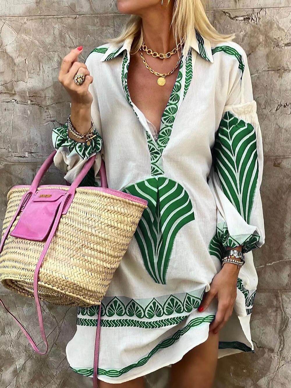 Simple Unique Printed Mini Dress - Women's in green
