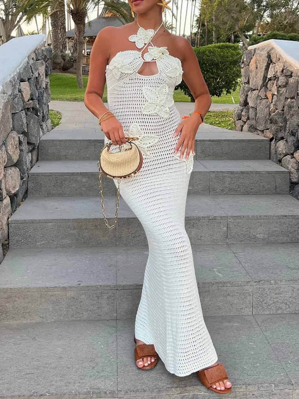 Fitted Crochet Halter Neck Maxi Dress - Women's in white