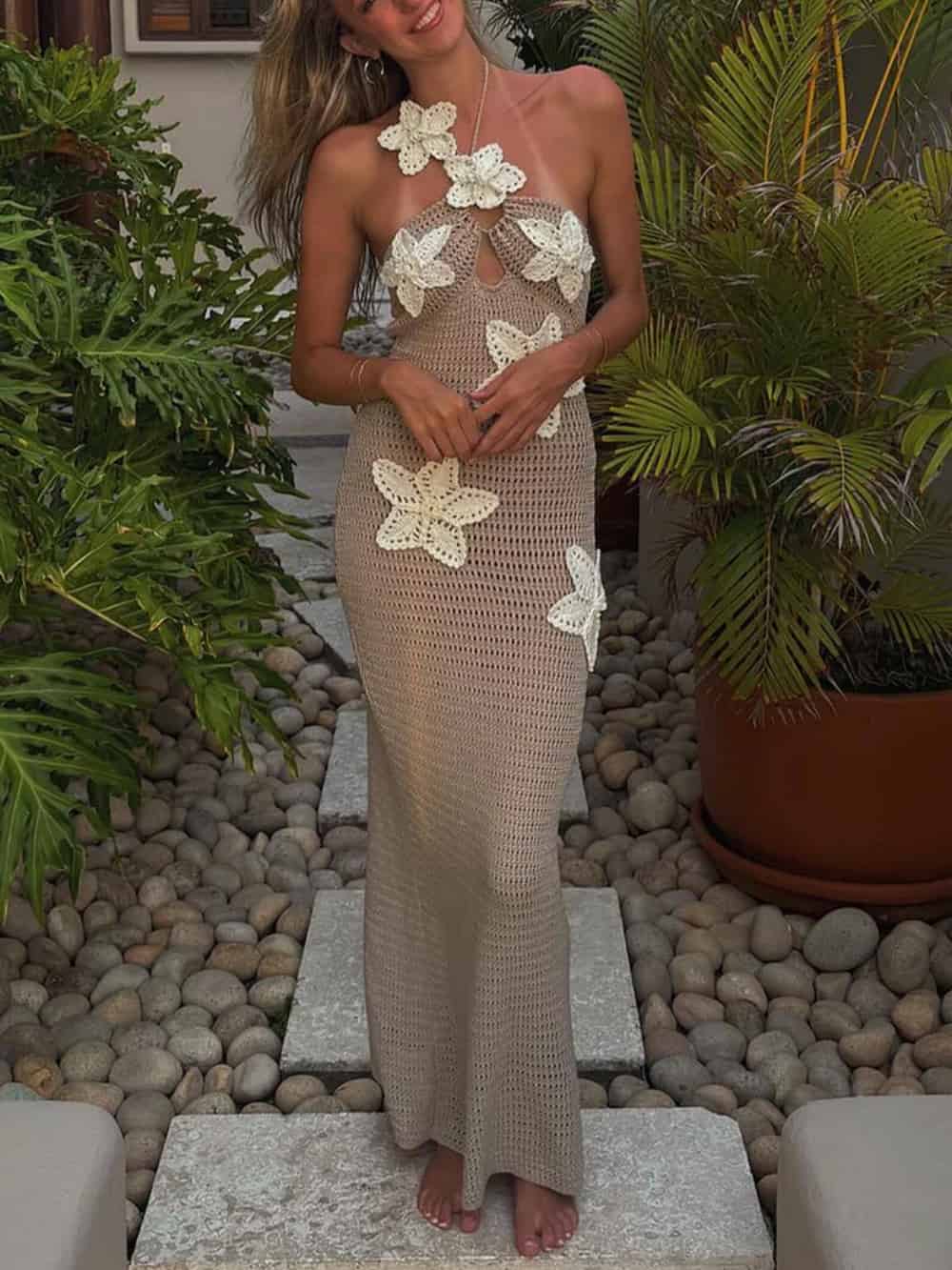 Fitted Crochet Halter Neck Maxi Dress - Women's in brown