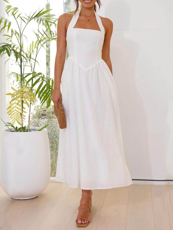 Polyester Halter Neck Dress - Women's in white