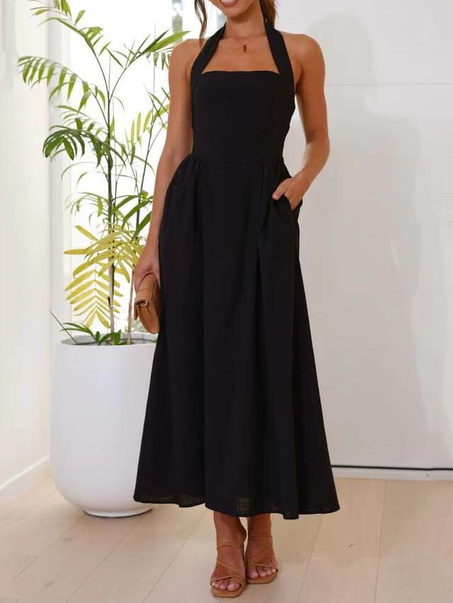 Polyester Halter Neck Dress - Women's in black