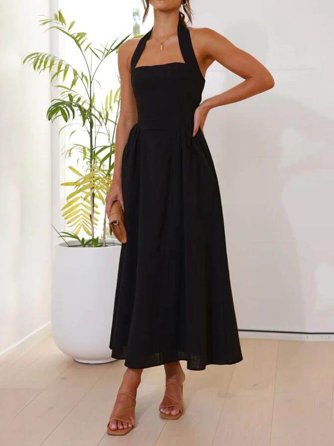 Polyester Halter Neck Dress - Women's in black